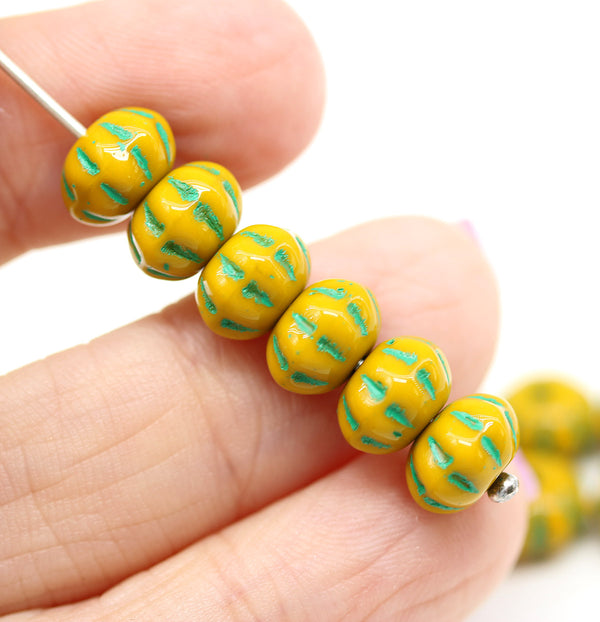 6x9mm Ocher yellow pumpkin rondelle Czech glass beads, green inlays