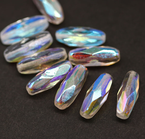 15x6mm Long bicones Crystal clear czech glass beads AB finish - 10Pc