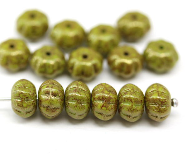 6x9mm Green pumpkin rondelle Czech glass beads, rustic finish