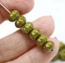 6x9mm Green pumpkin rondelle Czech glass beads, rustic finish