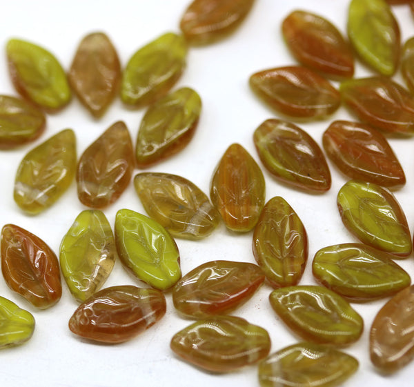 10x6mm Yellow brown leaf Czech glass beads - 40Pc