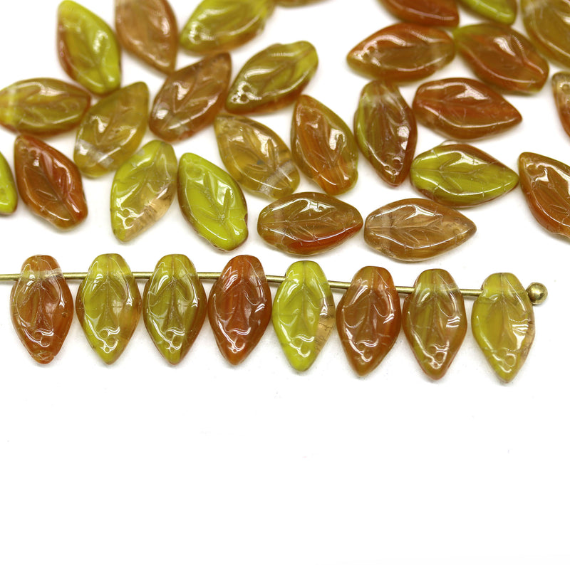 10x6mm Yellow brown leaf Czech glass beads - 40Pc