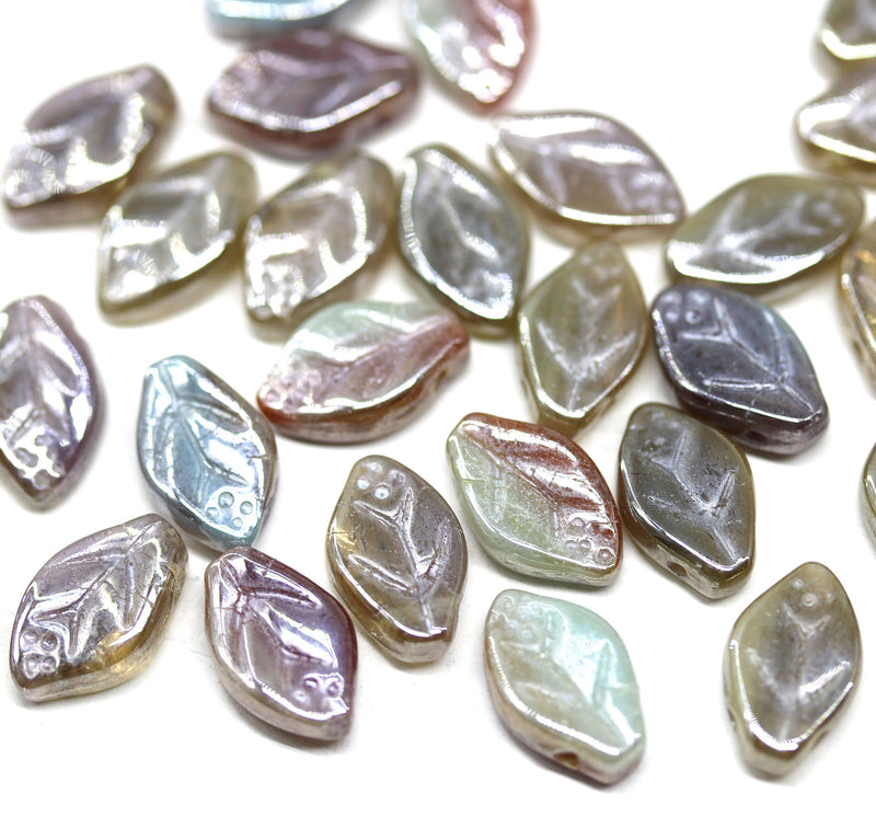 12x7mm Tender autumn colors mixed brown blue Czech glass leaf - 30pc