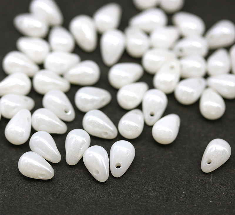 4x6mm White pearly luster small drops czech glass - 50Pc