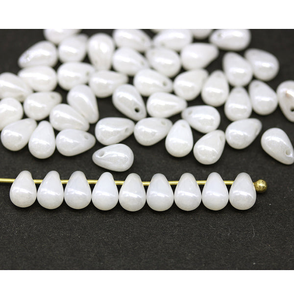 4x6mm White pearly luster small drops czech glass - 50Pc
