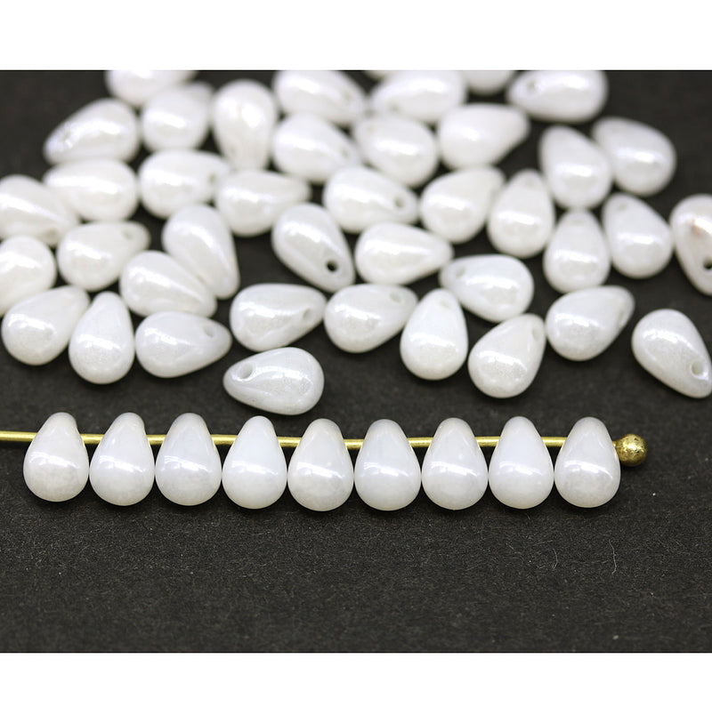 4x6mm White pearly luster small drops czech glass - 50Pc