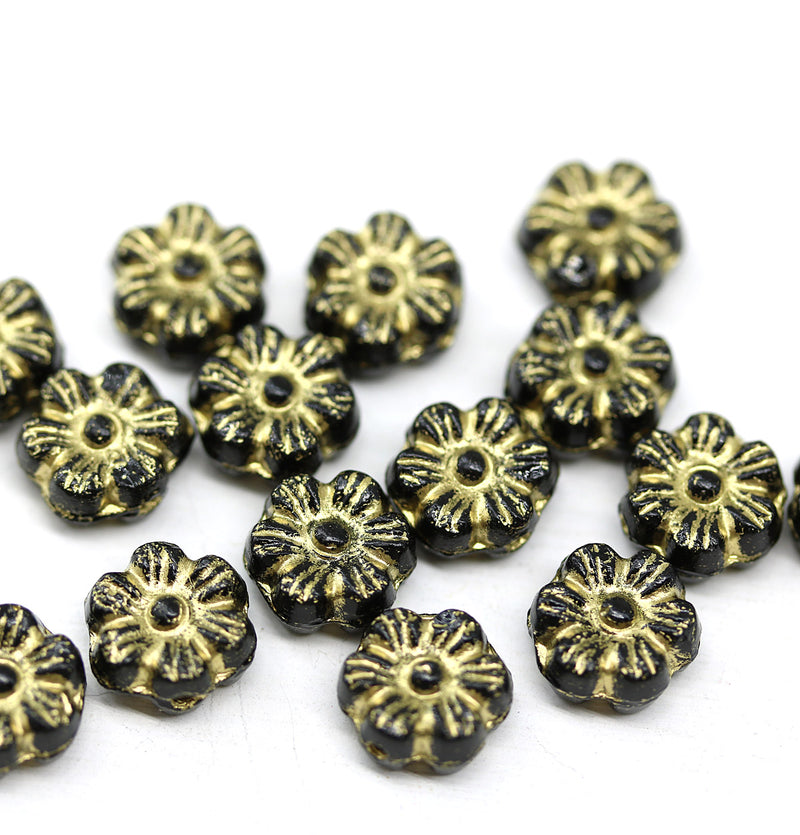 8mm Black gold inlays daisy flower czech glass beads, 15pc