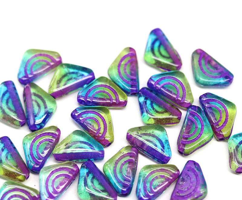 12x7mm Blue green triangle beads purple ornament Czech glass, 25Pc