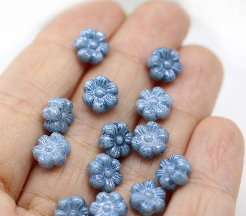 8mm Montana blue inlays daisy flower czech glass beads, 15pc