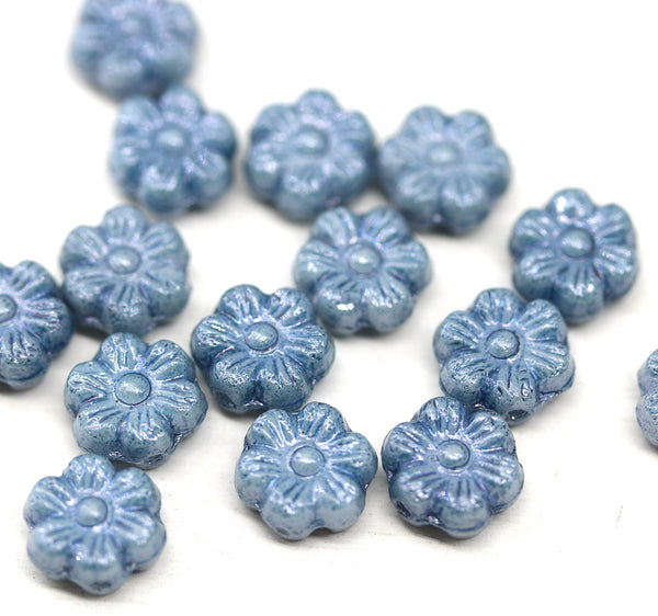 8mm Montana blue inlays daisy flower czech glass beads, 15pc