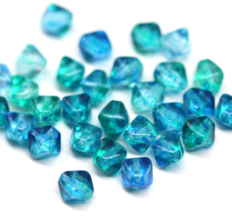 6mm Bright blue green bicone czech glass pressed beads, 30Pc