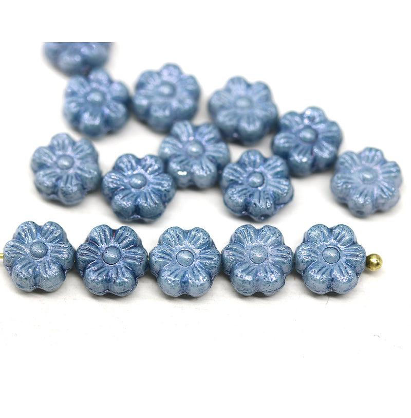 8mm Montana blue inlays daisy flower czech glass beads, 15pc