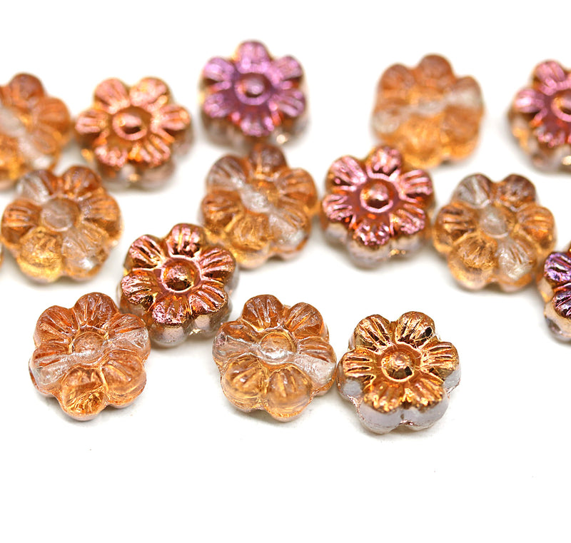 8mm Peach pink inlays daisy flower czech glass beads, 15pc