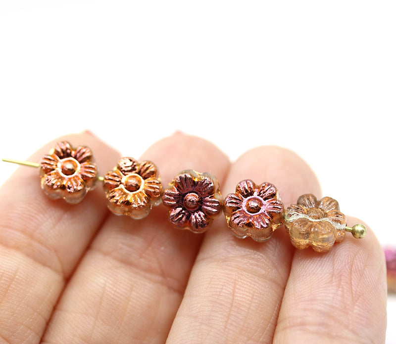 8mm Peach pink inlays daisy flower czech glass beads, 15pc