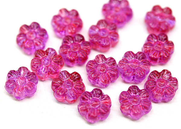 8mm Bright pink daisy flower czech glass beads, 15pc