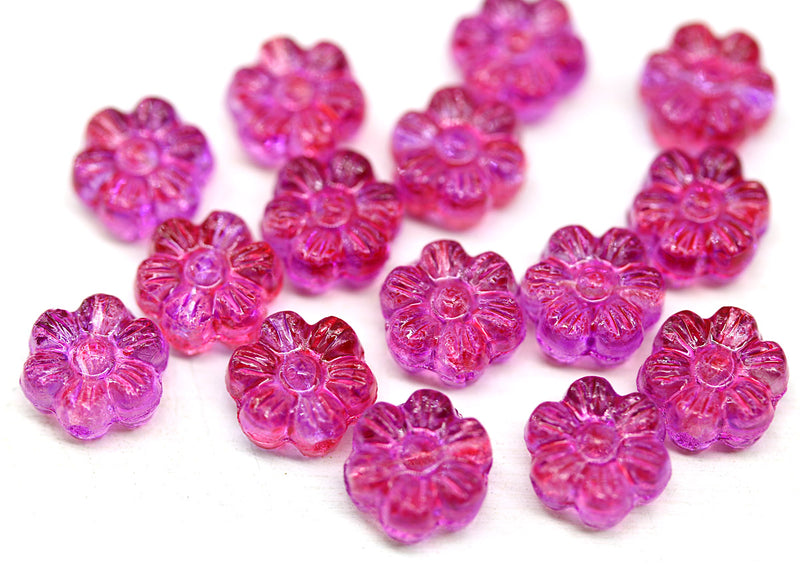 8mm Bright pink daisy flower czech glass beads, 15pc