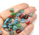 9mm Green blue red leaf beads, Heart shaped triangle Czech glass leaves - 30pc