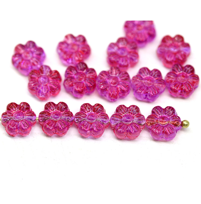 8mm Bright pink daisy flower czech glass beads, 15pc