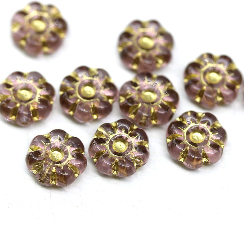10mm Purple gold flower czech glass bead, 10pc