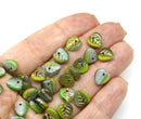 9mm Green gray leaf beads, Heart shaped triangle Czech glass leaves - 30pc