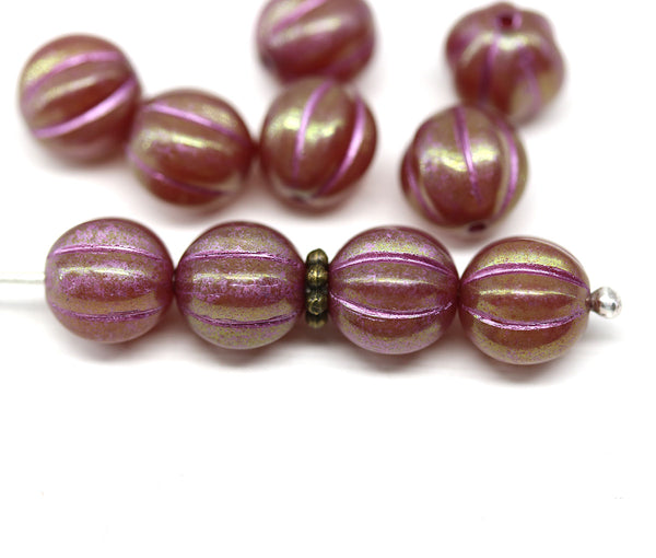 8mm Dark pink czech glass round beads, Melon shape