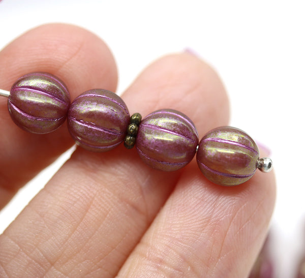 8mm Dark pink czech glass round beads, Melon shape