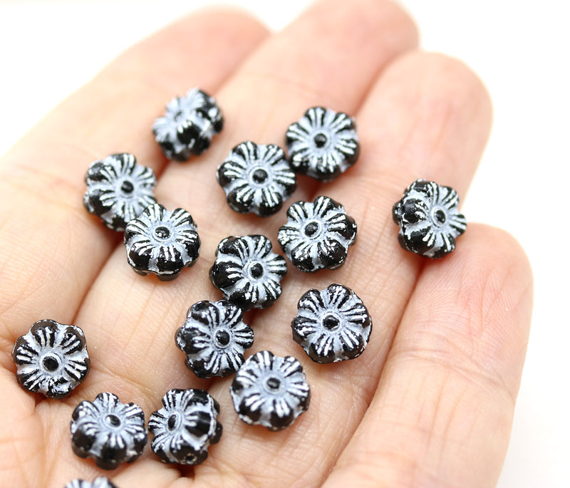 8mm Black and white inlays daisy flower czech glass beads, 15pc
