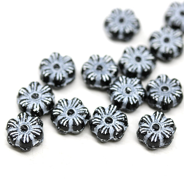 8mm Black and white inlays daisy flower czech glass beads, 15pc
