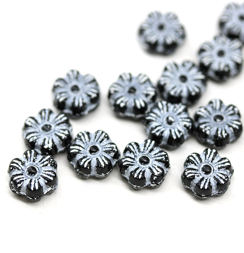8mm Black and white inlays daisy flower czech glass beads, 15pc