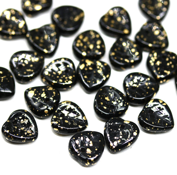 9mm Black leaf gold wash Heart shaped triangle Czech glass leaves - 30pc