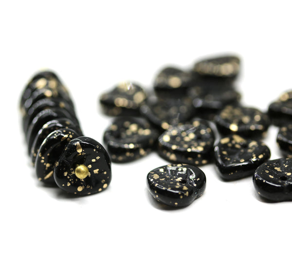 9mm Black leaf gold wash Heart shaped triangle Czech glass leaves - 30pc