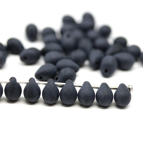5x7mm Frosted black teardrops pressed czech glass beads