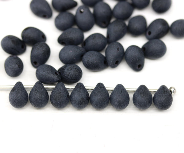 5x7mm Frosted black teardrops pressed czech glass beads