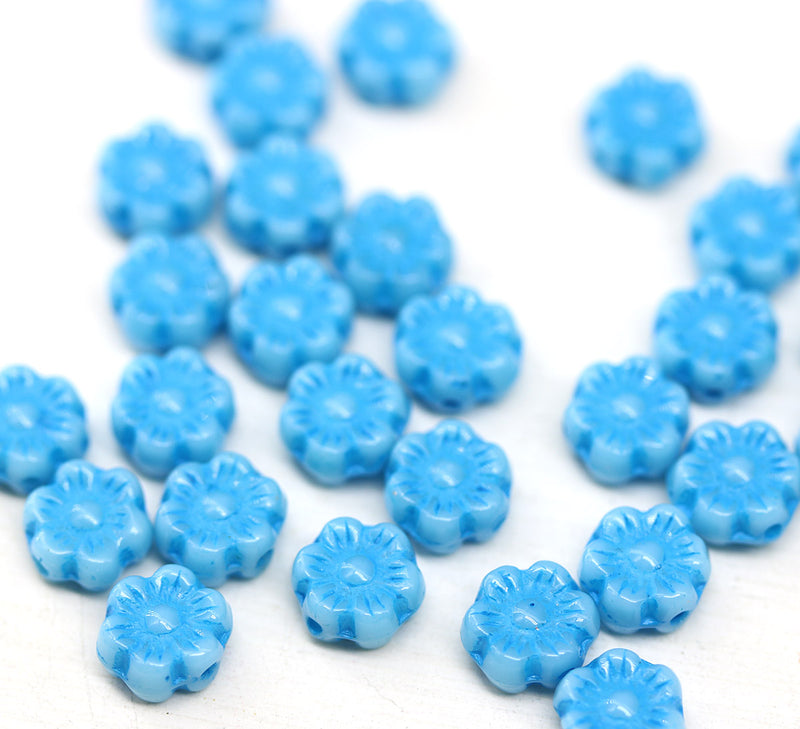 6mm Sky blue daisy flower czech glass beads, 30pc