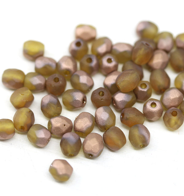 4mm Frosted Yellow Czech glass beads, fire polished copper finish