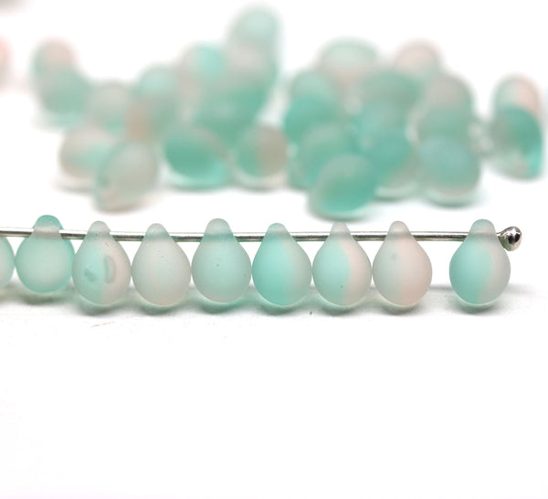 5x7mm Frosted green pink glass drops, czech teardrop beads - 40pc