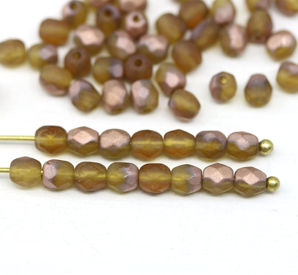 4mm Frosted Yellow Czech glass beads, fire polished copper finish