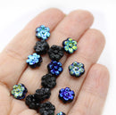 8mm Black metallic blue inlays daisy flower czech glass beads, 15pc