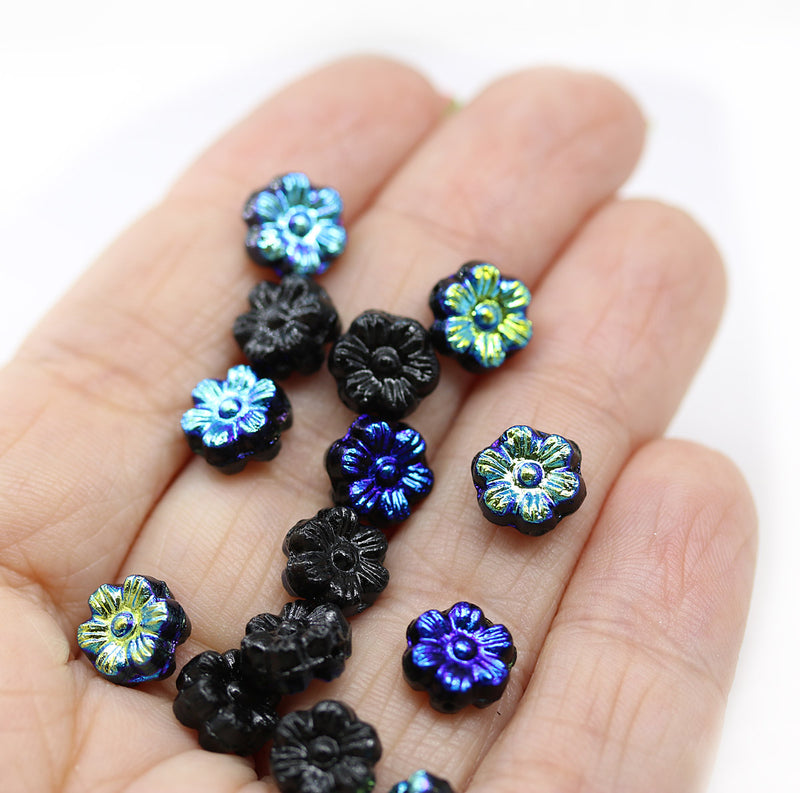 8mm Black metallic blue inlays daisy flower czech glass beads, 15pc