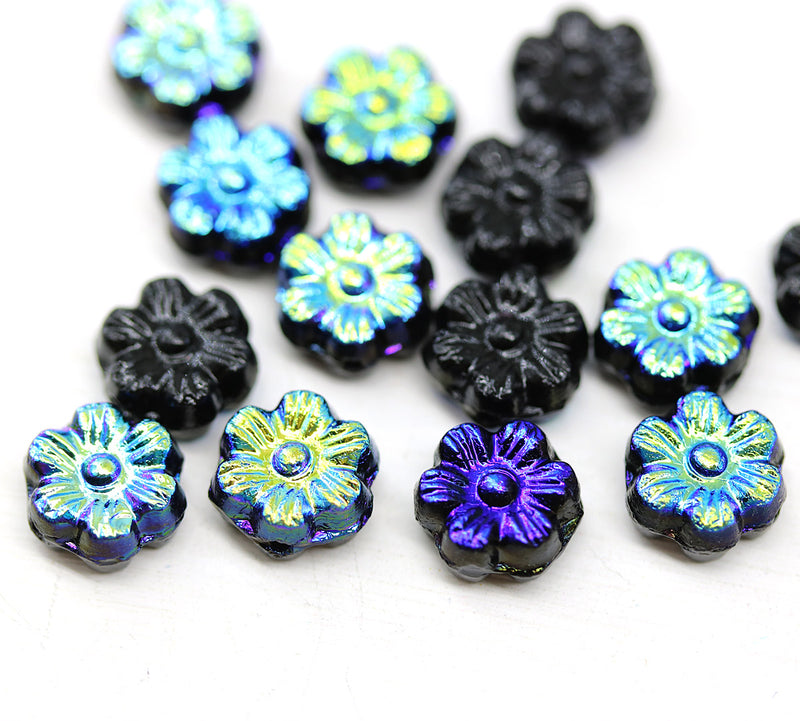 8mm Black metallic blue inlays daisy flower czech glass beads, 15pc