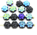 8mm Black metallic blue inlays daisy flower czech glass beads, 15pc