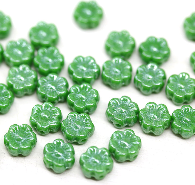 6mm Green daisy flower czech glass beads, 30pc