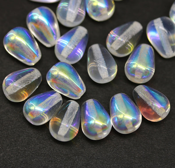 11x7mm Crystal clear pear shape teardrop czech glass beads AB finish, 20pc