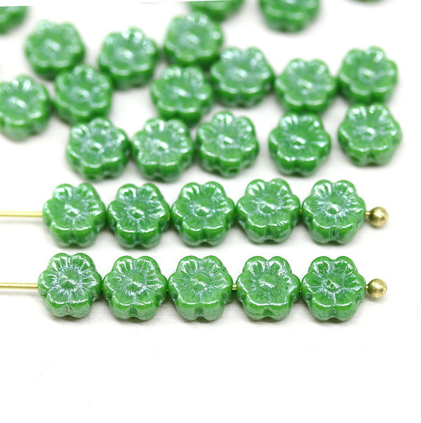 6mm Green daisy flower czech glass beads, 30pc