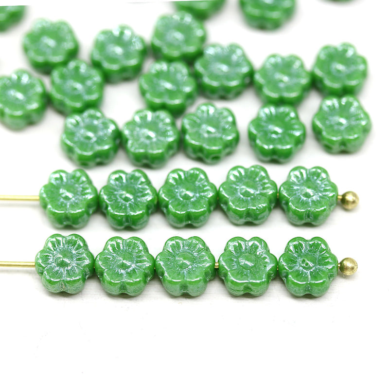 6mm Green daisy flower czech glass beads, 30pc