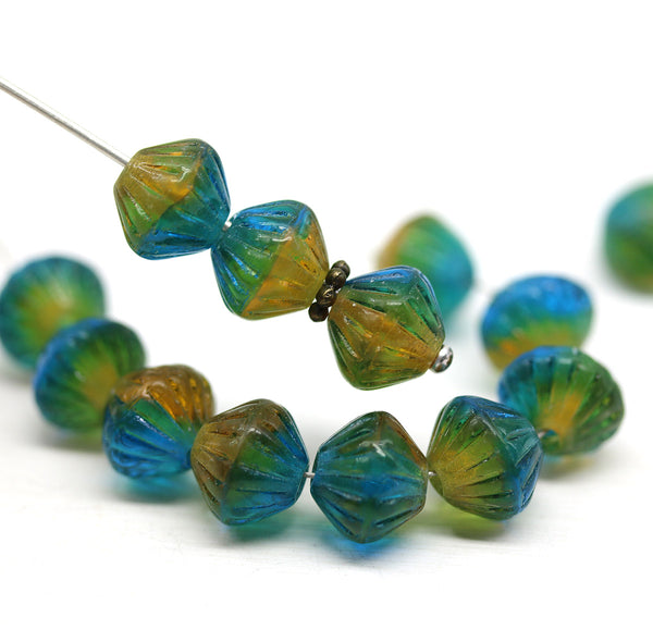 9mm Blue yellow bicone Czech glass beads