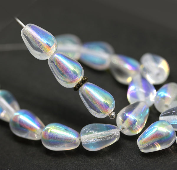 11x7mm Crystal clear pear shape teardrop czech glass beads AB finish, 20pc