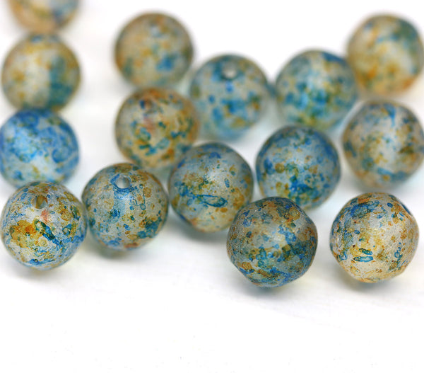 8mm Blue yellow round druk Czech glass pressed beads, 