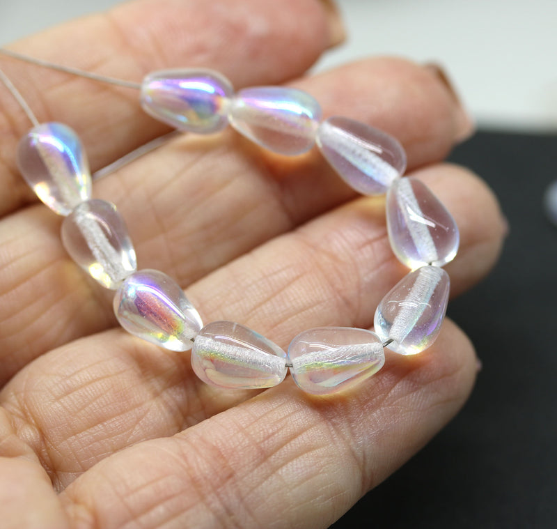 11x7mm Crystal clear pear shape teardrop czech glass beads AB finish, 20pc