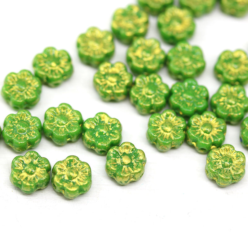 6mm Green gold wash daisy flower czech glass beads, 30pc